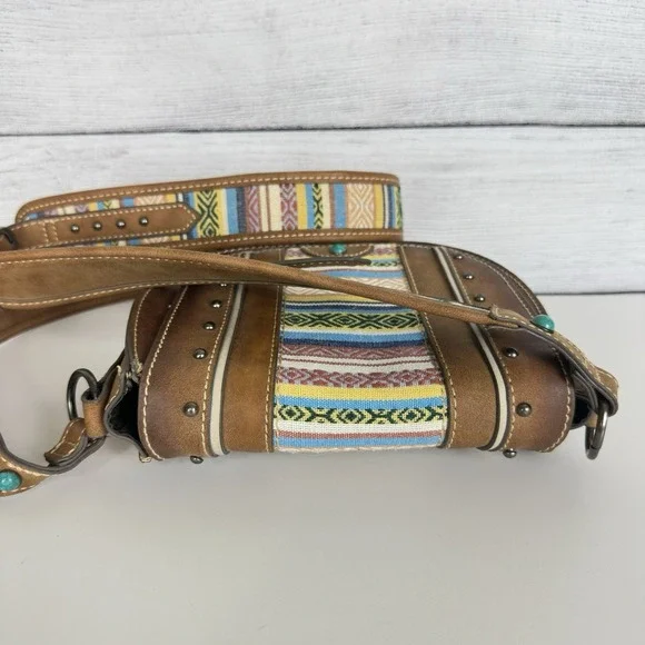 Tony Lama Woven Accent Colorful SaddleBag Leather Southwestern Crossbody Purse - Picture 7 of 12